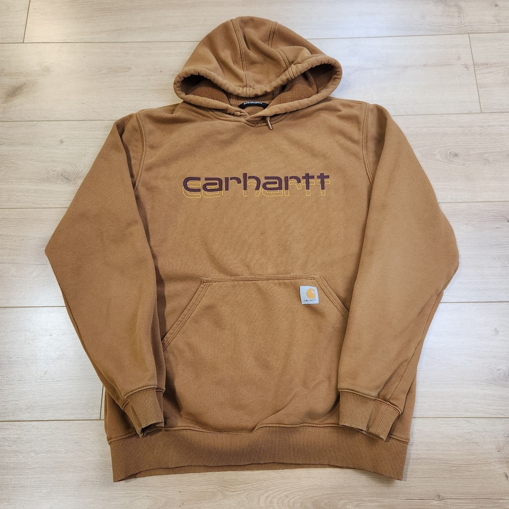 Carhartt Rain Defender Hoodie Mens Medium Brown Logo Fleece Pullover Sweatshirt